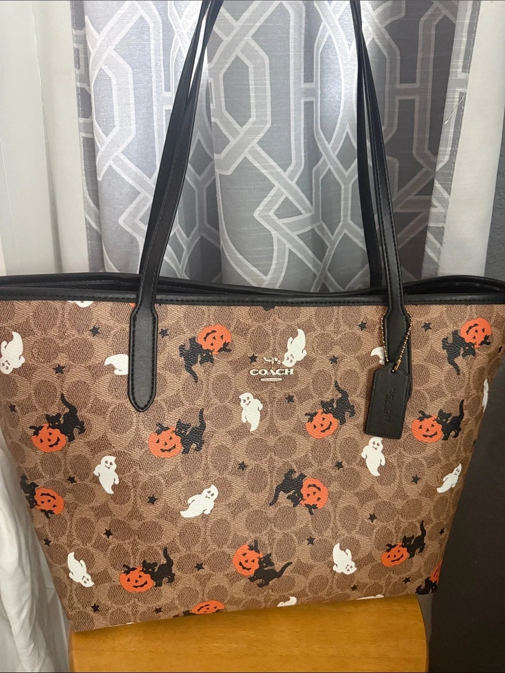COACH Brown Signature Canvas Tote with Orange, Black & White Halloween Motif